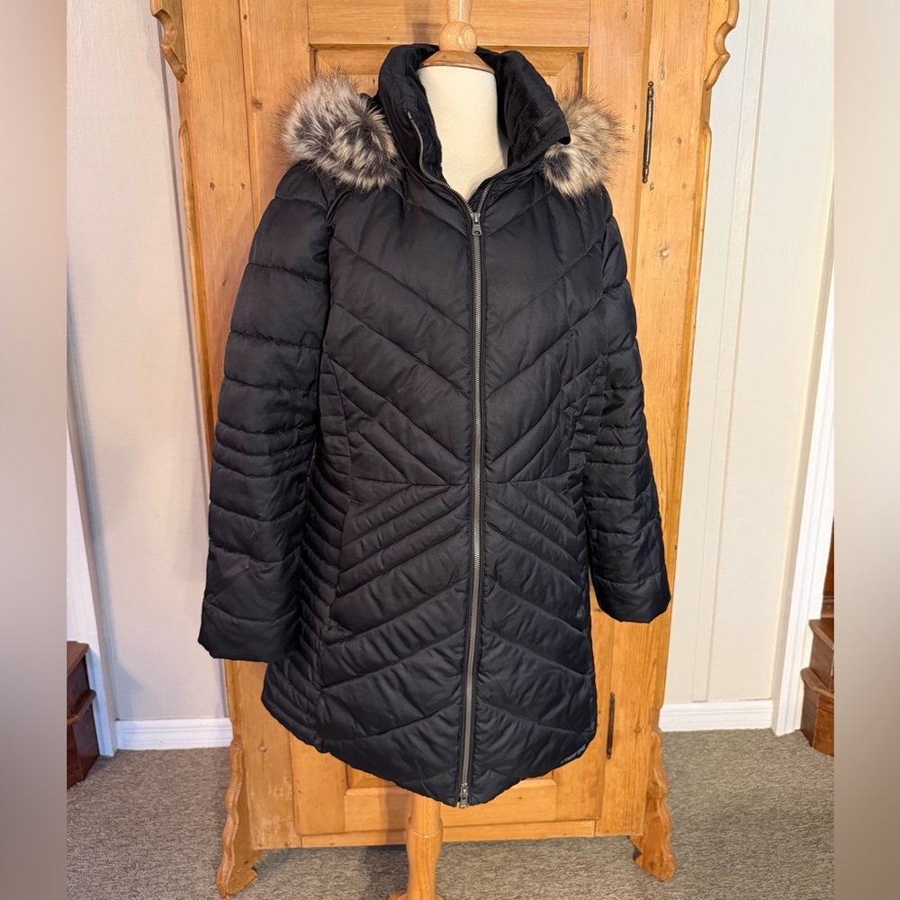 Lands End Quilted Hooded Coat Black w/Faux Fur Trim Sz Large 14-16